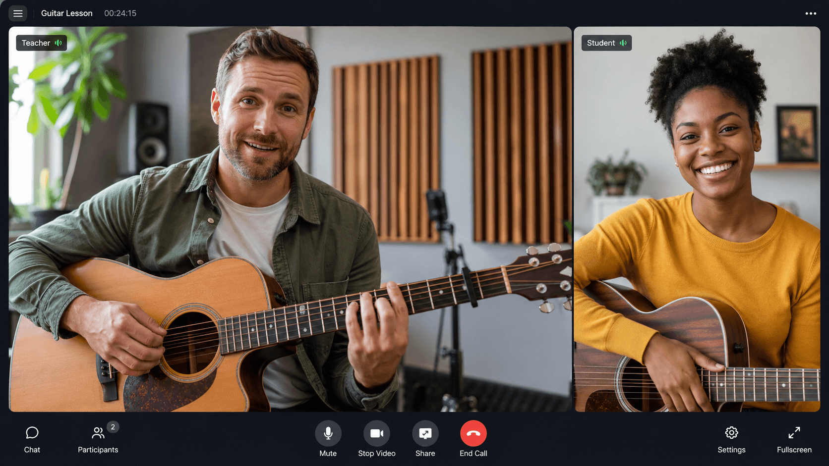 A guitar teacher teaching a student in an online lesson