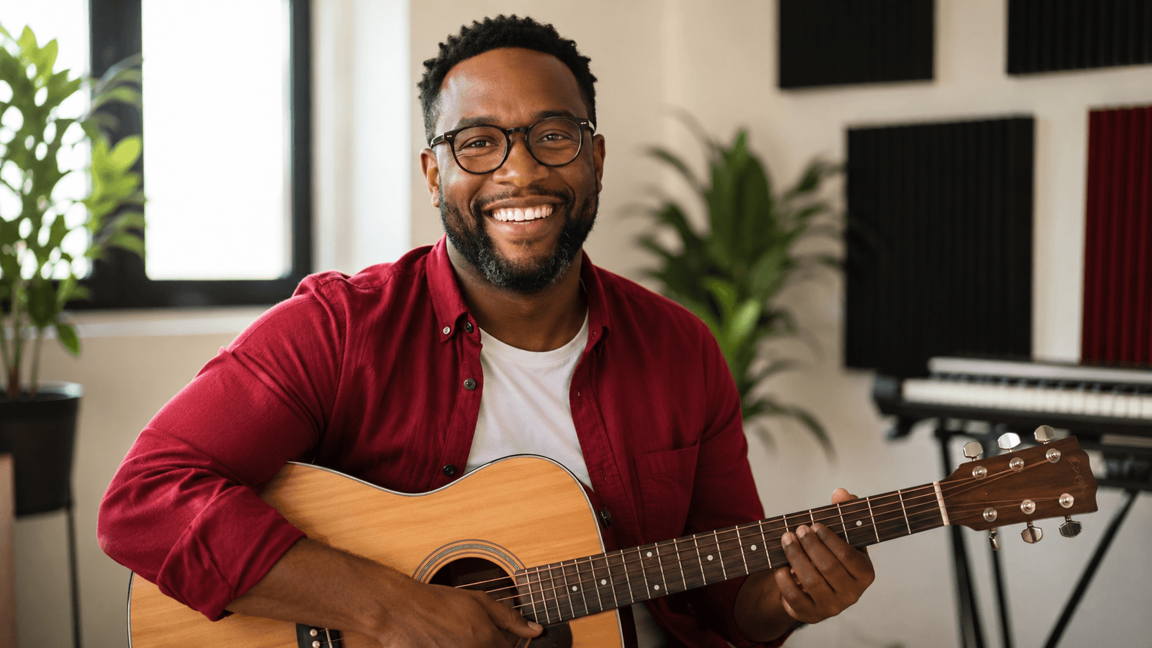 A smiling guitar teacher in his studio