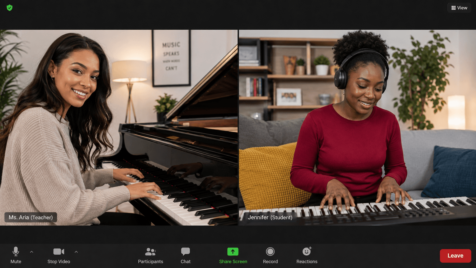 An online piano lesson between a teacher and a student