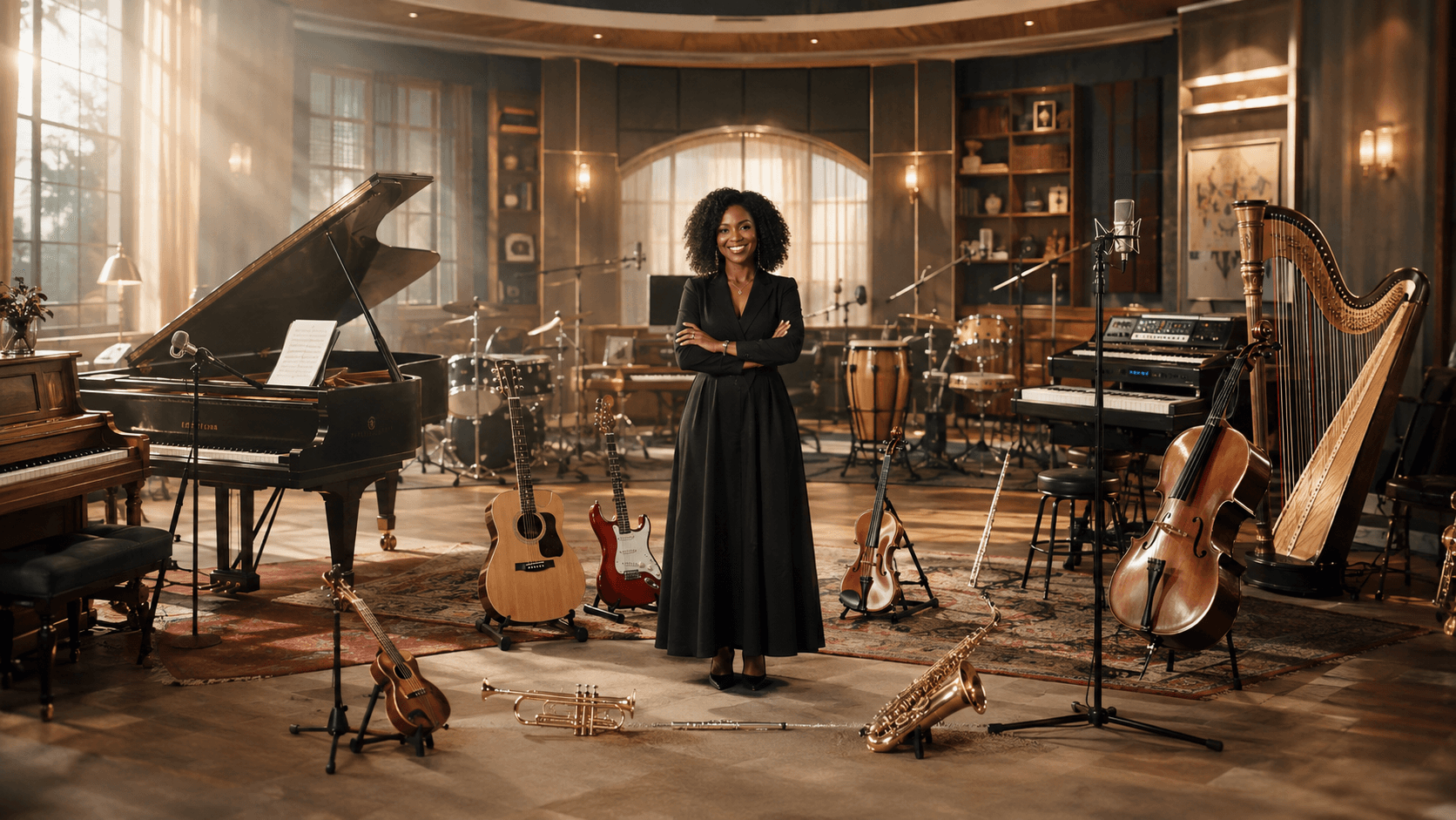 A music teacher in a room full of instruments